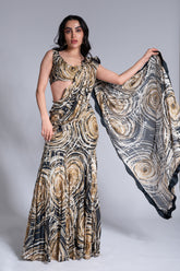 Ripple Effect - Black & Wheat Gold Embroidered Saree Set
